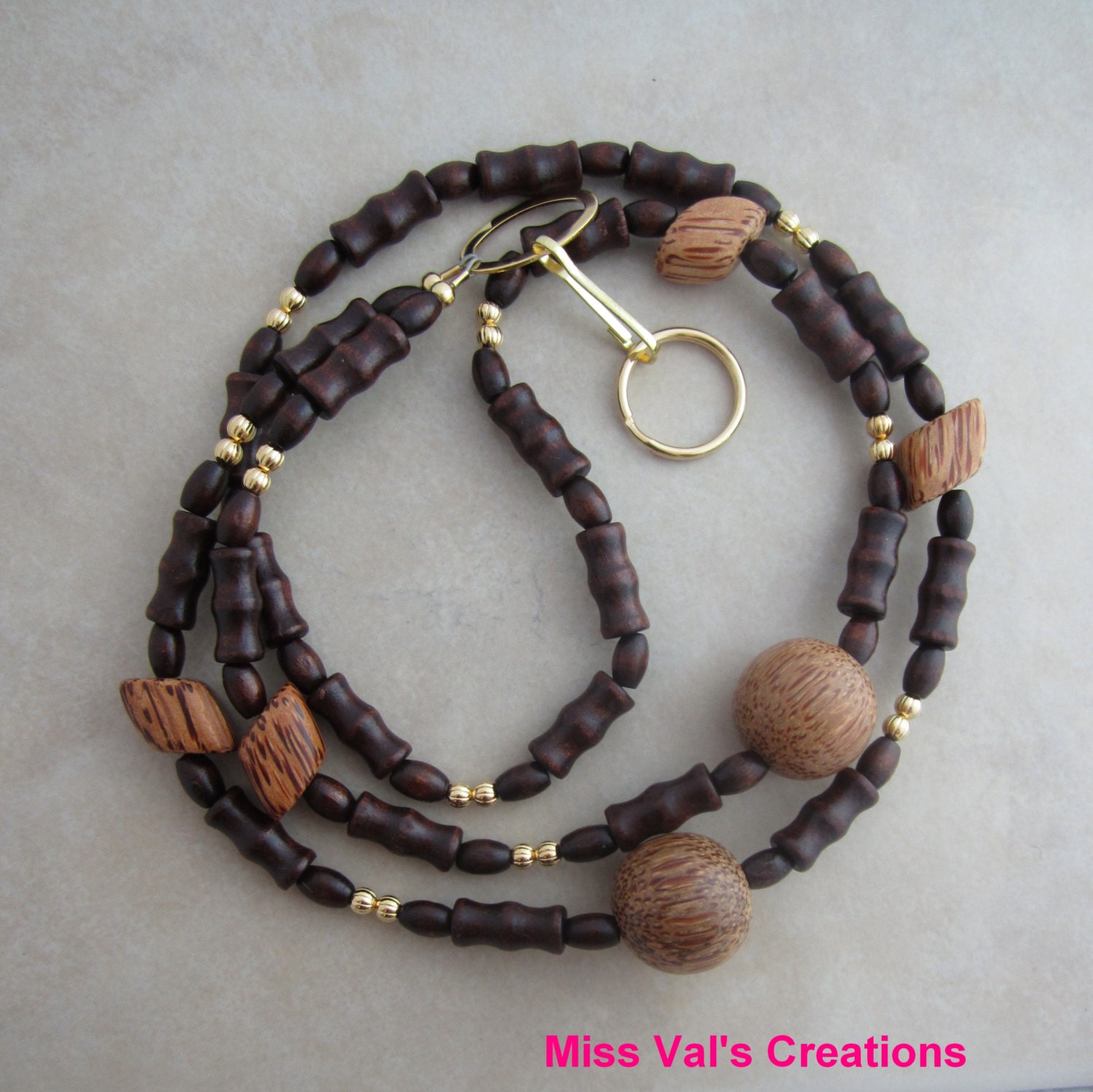 Brown Wood and Gold Beaded Lanyard Badge ID Holder - missvalscreations