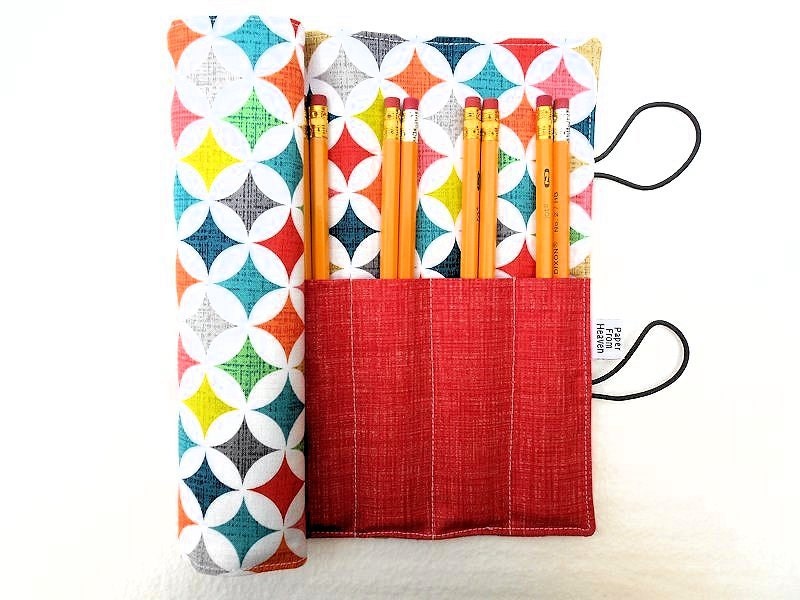 Pencil Case Roll - Cathedral Windows - mod brush holder, knitting needle roll, crochet hook case, art organizer, rainbow pencil case - paperfromheaven
