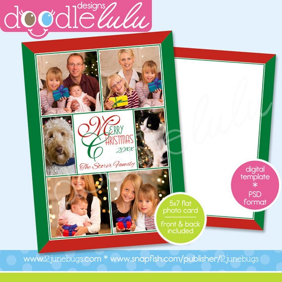 INSTANT DOWNLOAD Digital Printable 5x7 Red & Green Merry Christmas Photo Card Template (Photoshop) PSD by Doodlelulu 2 june bugs Il_570xn