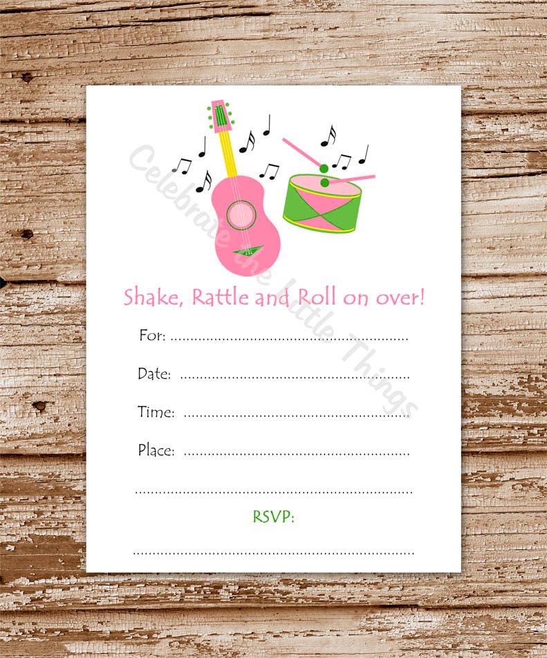 Printable / Music Time Invitation / Fill in the Blank / You're Invited / Drum, Guitar / Pink / Girl (Instant Download) Il_570xn