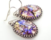 Golden Purple Earrings Topaz Amethyst Opal Czech Glass Earrings Vintage Style Antique Silver Earrings Iridescent Earrings - DorotaJewelry