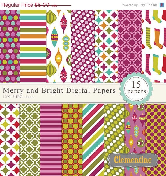 40% OFF SALE Merry and Bright Christmas digital paper 12x12, digital scrapbooking paper, royalty free- Instant Download Il_570xn