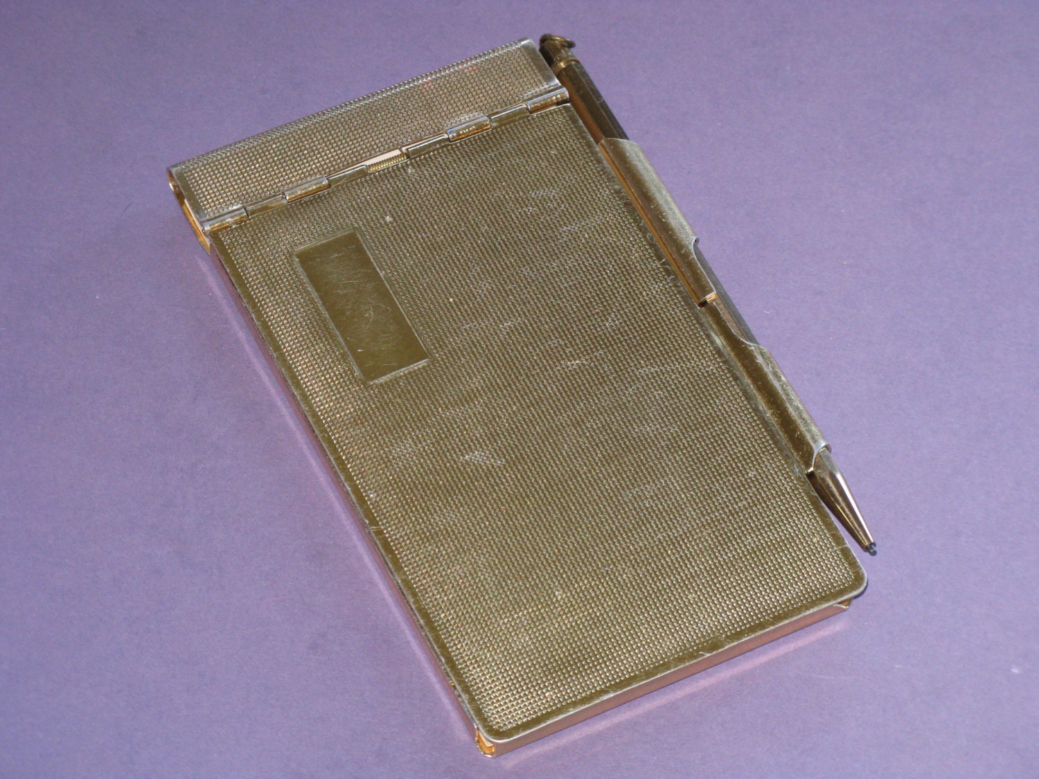 Vintage Metal Notepad Paper Memo Holder with Pencil by
