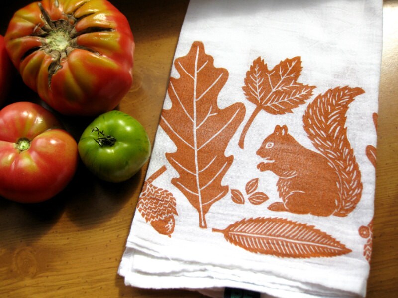 Autumn Leaves & Squirrel Towel in pumpkin, block print, flour sack towel (made to order)