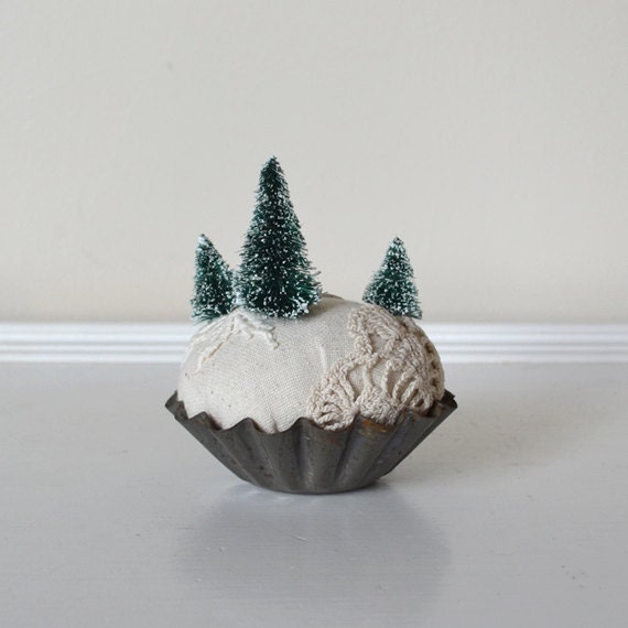 Evergreen Forest Snowy Winter Scene Miniature - Pin Cushion Keepsake - Vintage Inspired Textile Christmas Decoration - asweetreverie