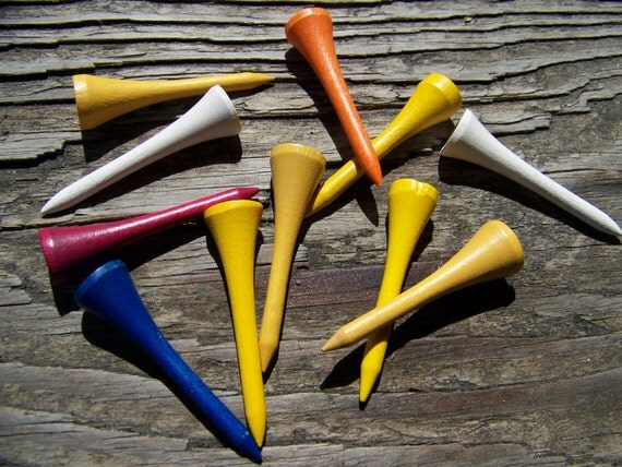 Vintage Wooden Golf Tees in Red Blue Orange Yellow by lesaestes