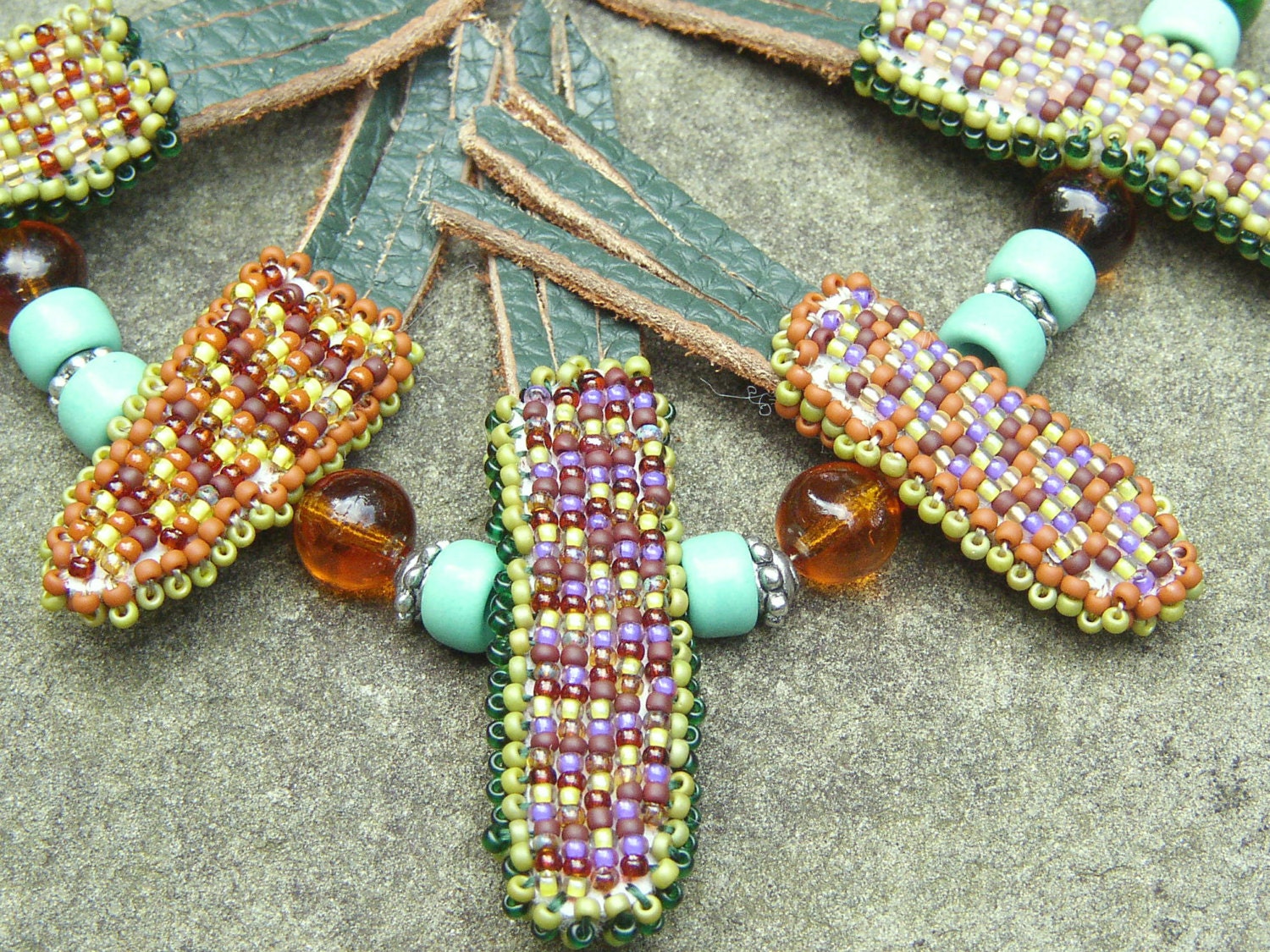 Beadwork Indian Corn Necklace Green Brown by LisaPierceJewelry