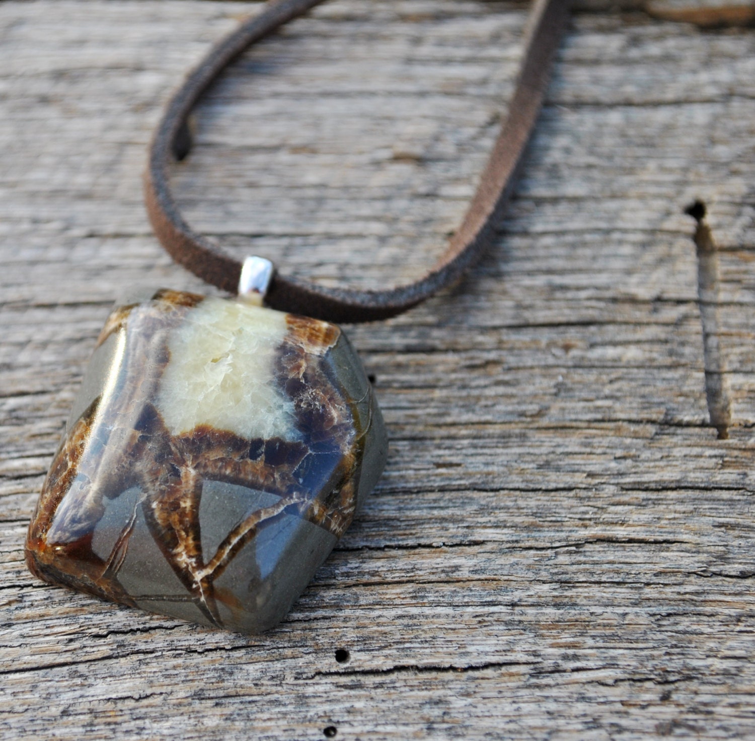 Men's Utah Septarian Nodule Pendant on a brown leather cord necklace chain simple, minimalist - Beechtree