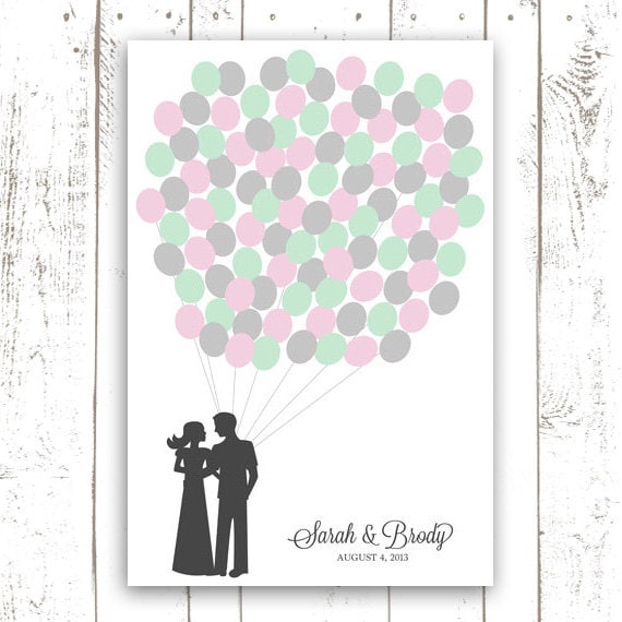 Wedding Guest Book Poster, Balloon Guest Book, Wedding Art Print, Mint and Pink