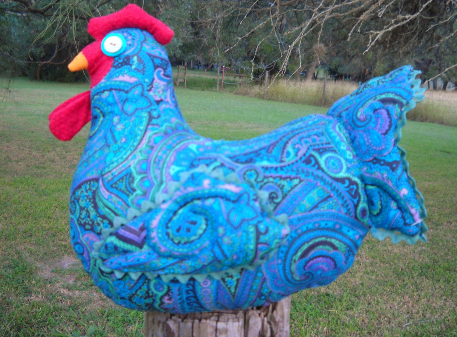 Blue paisley fabric chicken doorstop - Japanese print fabric, quilted wings & tail, sea green rickrack trim - ChickenJungle