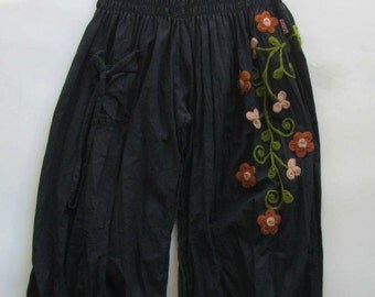 Black cotton pants for women, one size, handmade, embroidered flowers