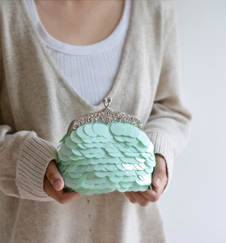 Pastel Lake clutch - pastel green sequin handbag, small clutch