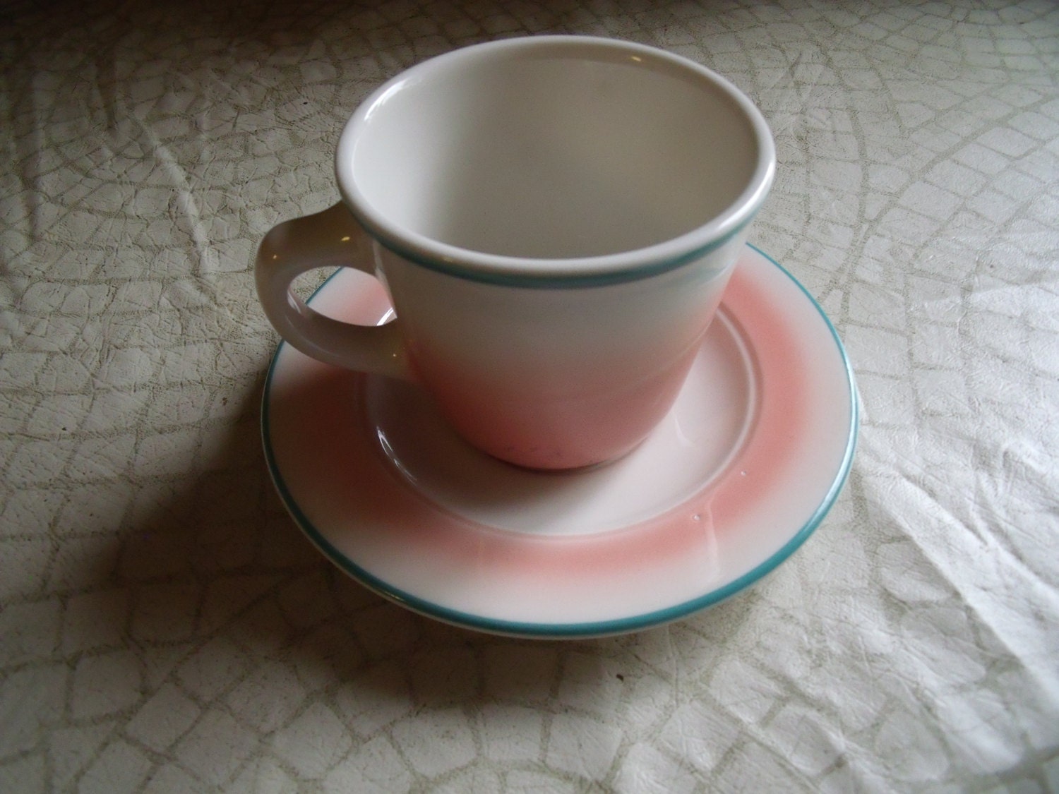 Collectible 1990s HOMER LAUGHLIN Cup And Saucer Pink With Aqua Trim Restaurant Wear EED-1