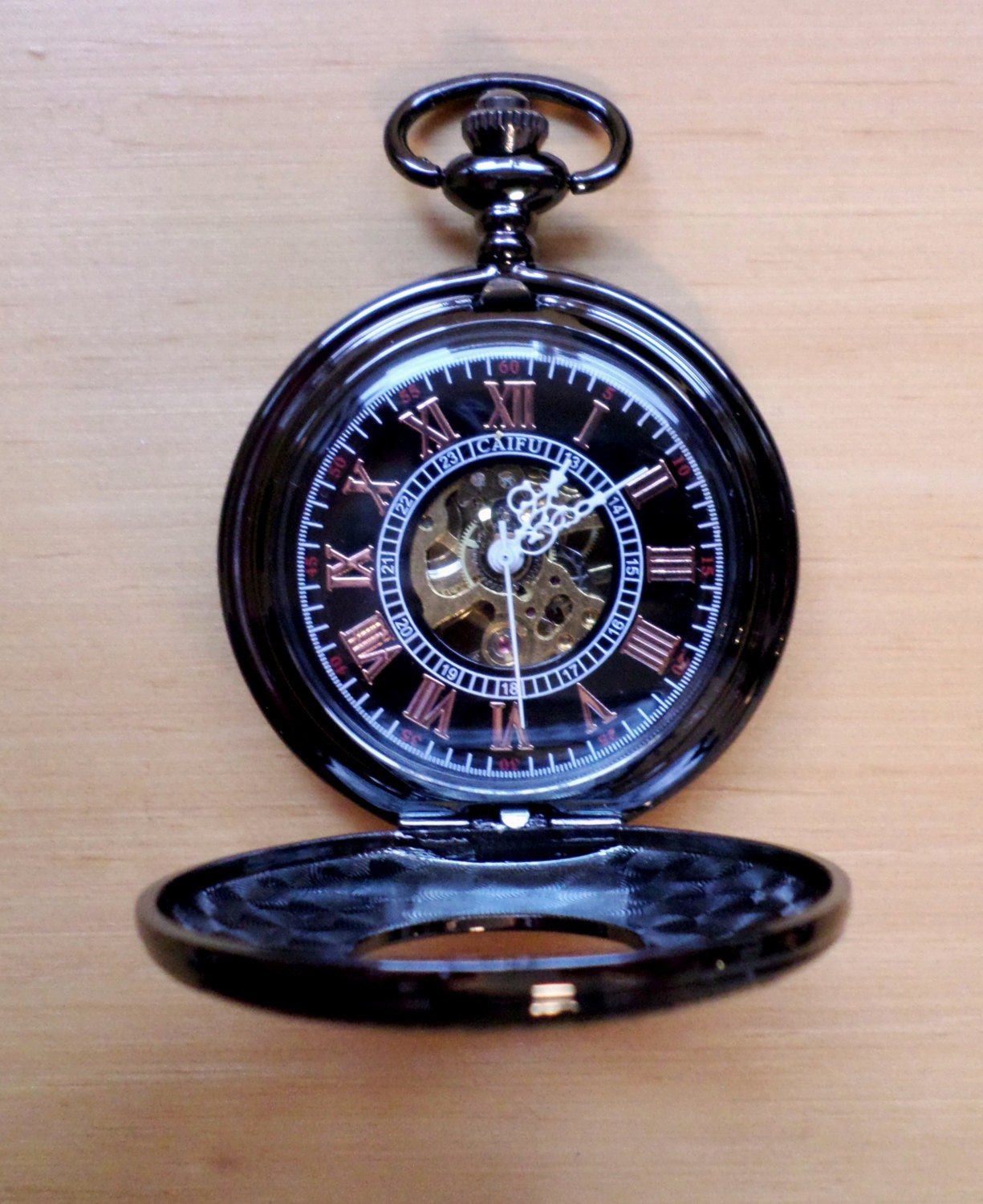 Items similar to Gunmetal Black Mechanical Pocket Watch with Copper