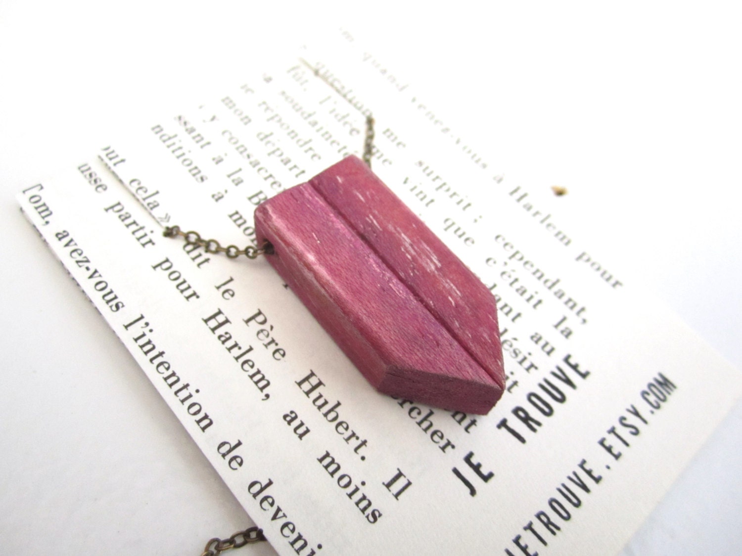 purple wooden arrowhead necklace, recycled wood pendant - JeTrouve
