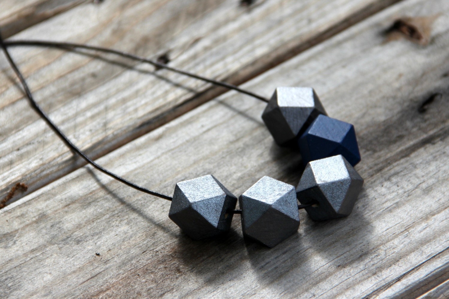 Geometric Wood Bead Necklace, Hand Painted Metallic Gray and Dark Blue - prettywhimsical