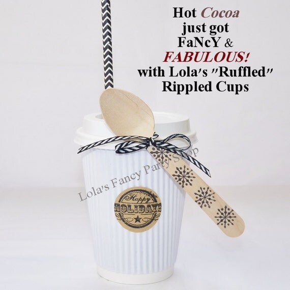 White Rippled 20-count with LIDS CUPs 12oz / Hand Stamped Wooden Spoon ,Hand Stamped Labels, Hot Chocolate bar , Desserts,Vintage, Retro Il_570xn