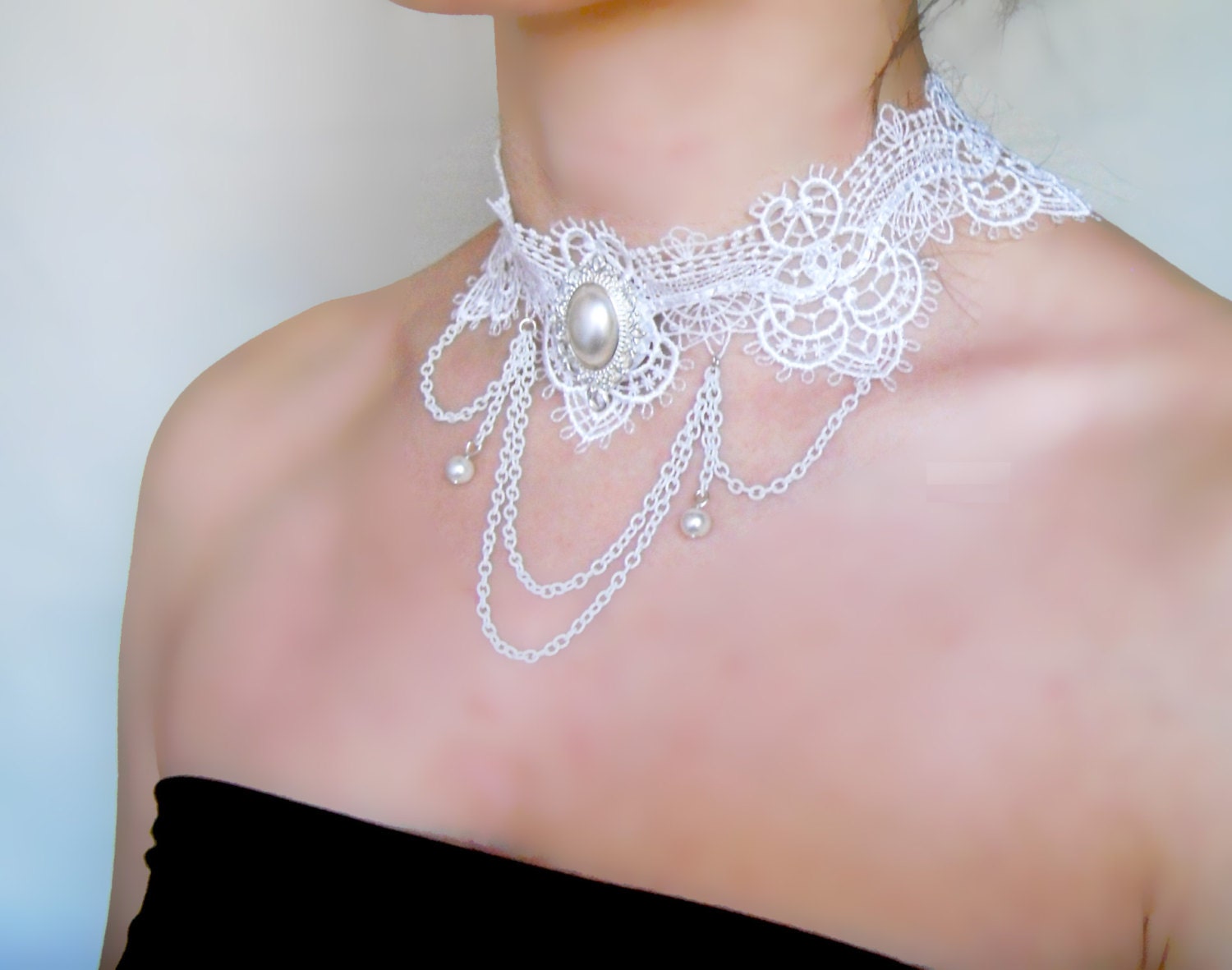 White Lace Choker Necklace Pearl Charmed Beaded By Lacefancy