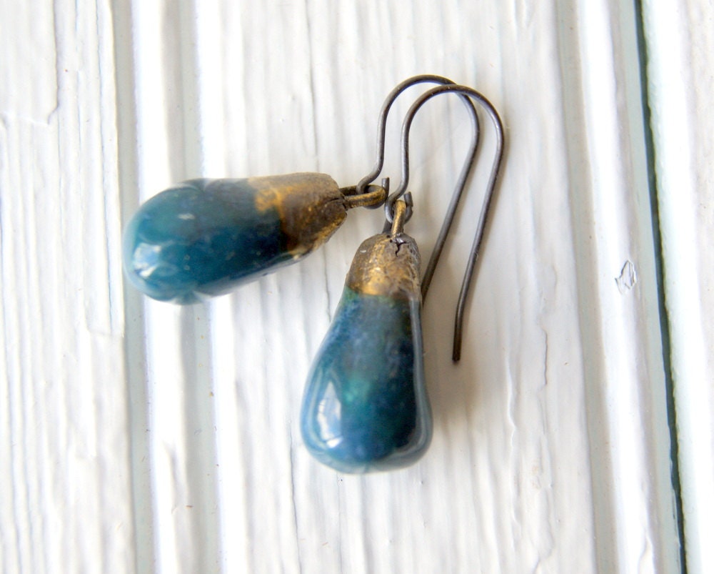 Teal Dangle Earrings - Artisan ceramic drops - oxidized sterling silver - gift for her under 25 - BlackStar