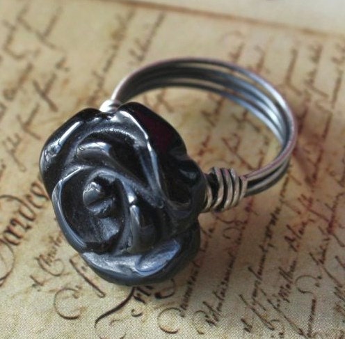 BLACK ONYX ROSE Sterling Silver Wire Wrapped Ring