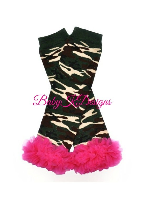 Baby Leg Warmers. Camo w.Hot Pink Chiffon Ruffle by BabyKDesigns