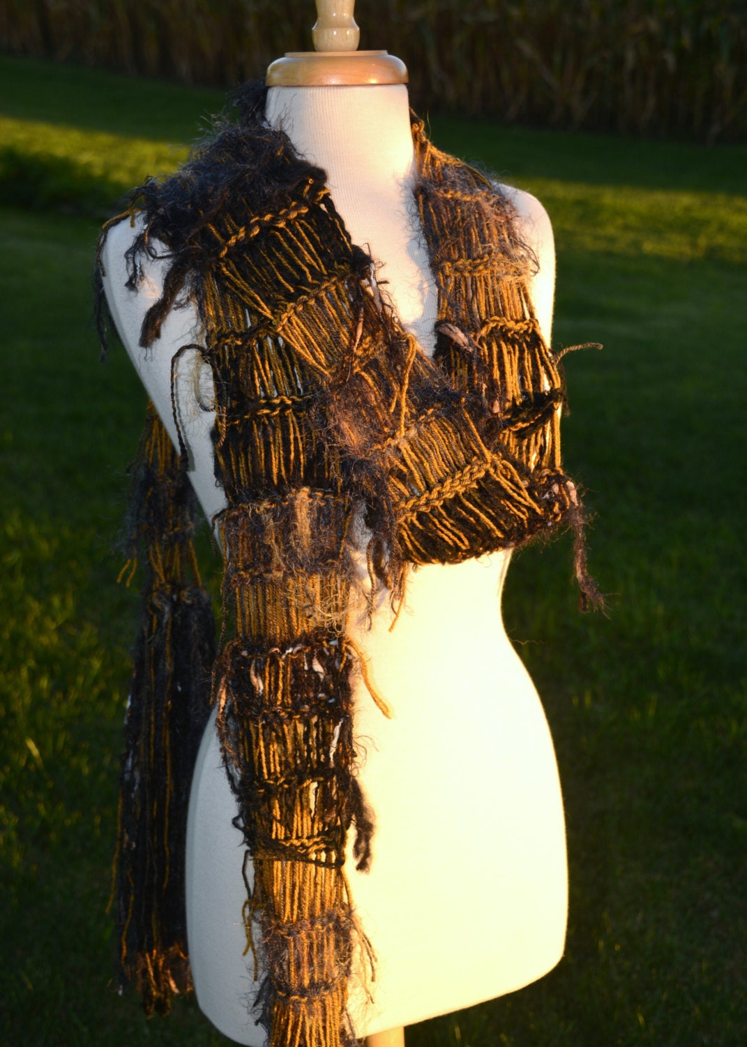 Hand knit scarf Shaggy Chic 'Mustard Seed' Black, Mustard, Brown