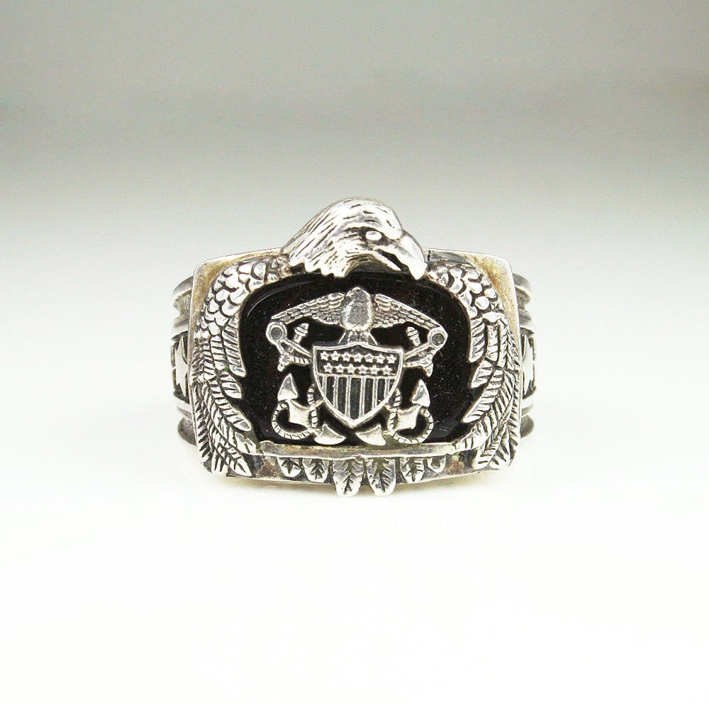 Vintage Ring US Navy Sterling Silver 925 Black Onyx BGE American Eagle ...