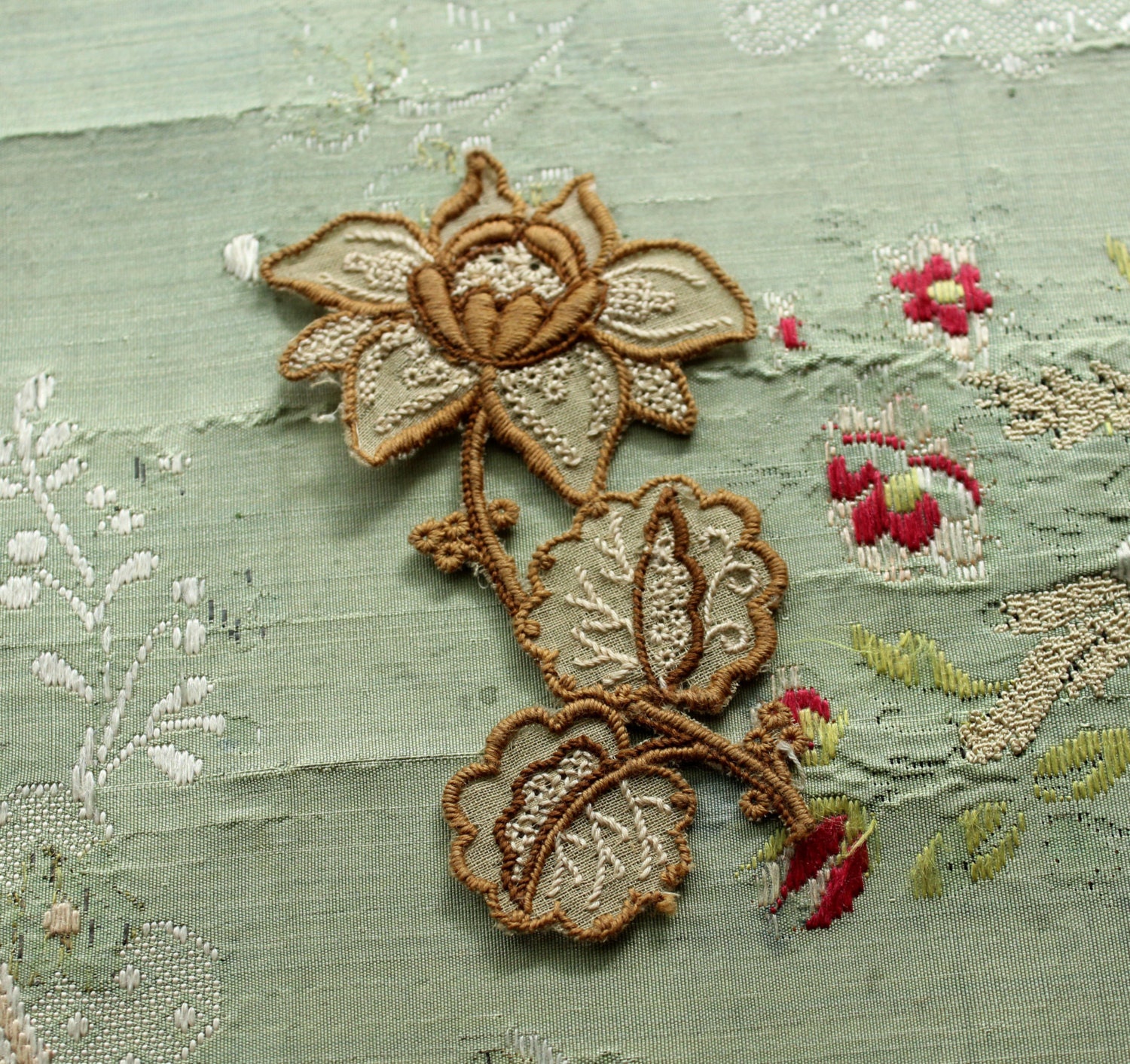 Antique  embroidered trim flower organdy brown cream 1900s edwardian flapper - duchesstrading