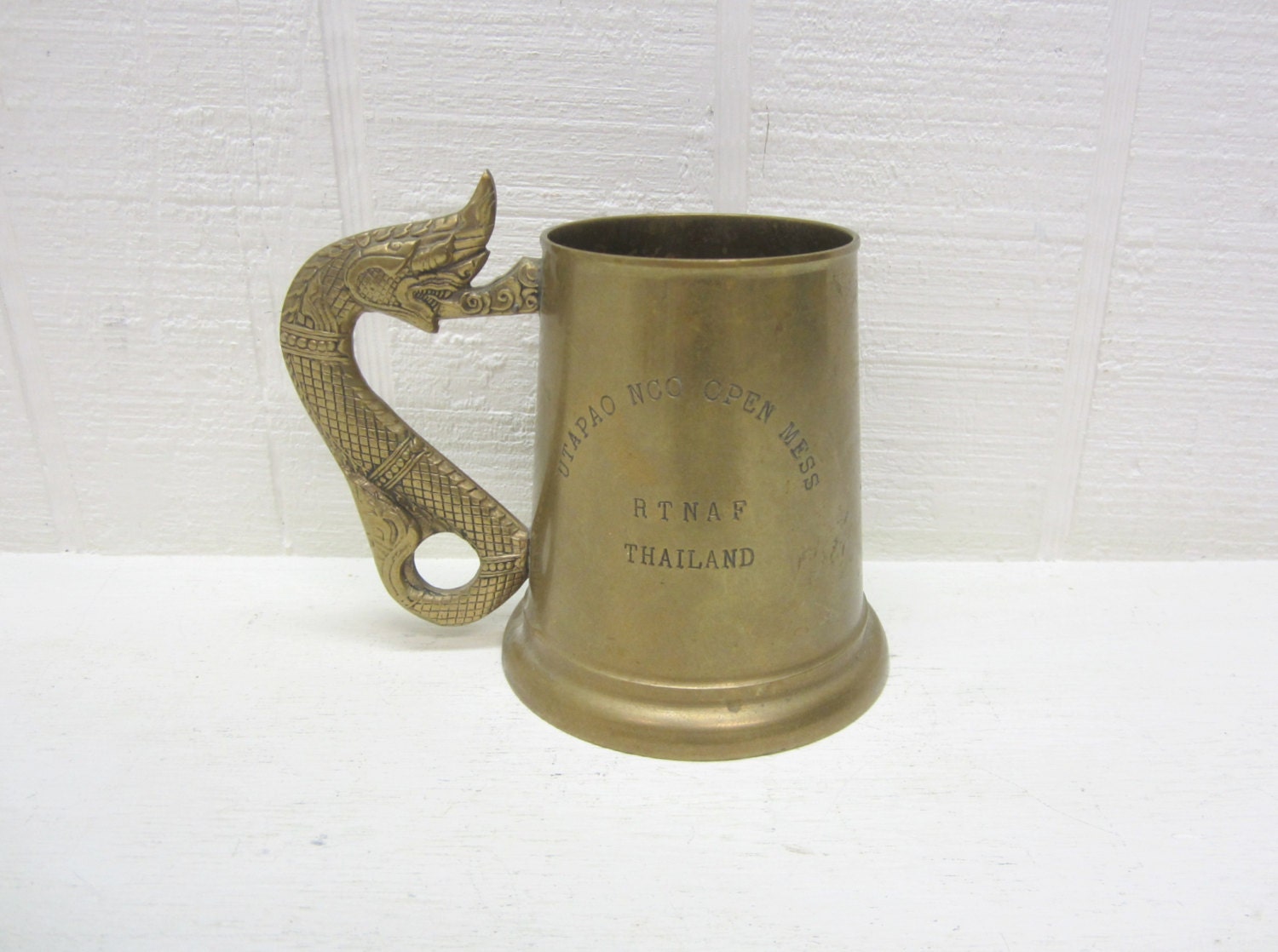 Vintage Brass Mug With Dragon Handle UTAPAO NCO Open by thejunkman