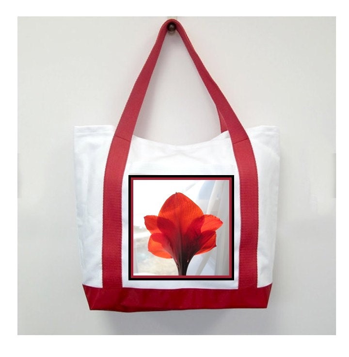 Christmas Red Handle Tote Bag, Red Ammarylis, New Canvas Styling, Original Photography  By Loves Paris Studio, 5 Styles,  FREE SHIPPING USA