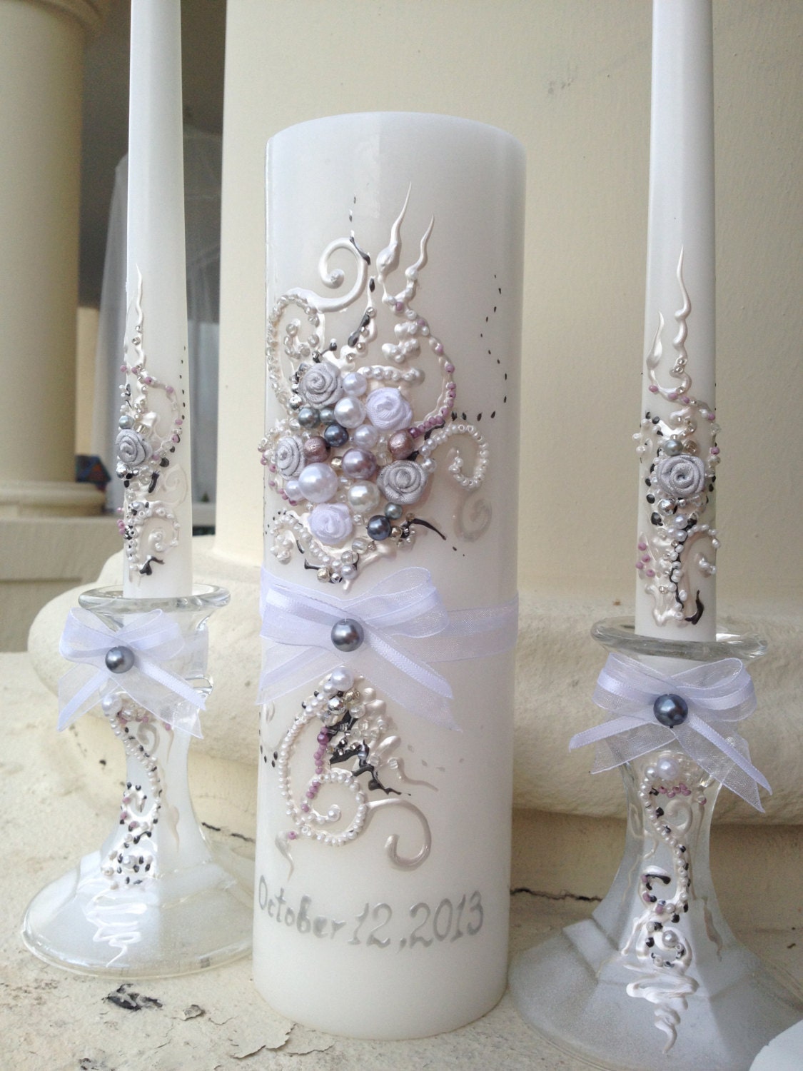 Beautiful wedding unity candle set - 3 candles and 2 candleholders - in white, lavender, dark grey and silver - PureBeautyArt