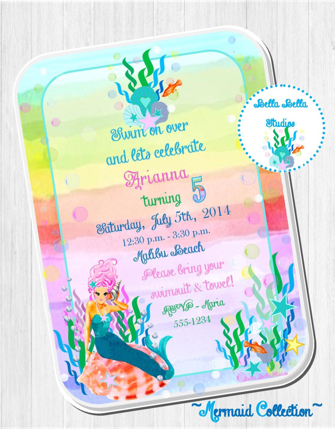 PINK MERMAID Under the Sea INVITATION ~ Customized and Printable ~ Bella Bella Studios Il_570xn