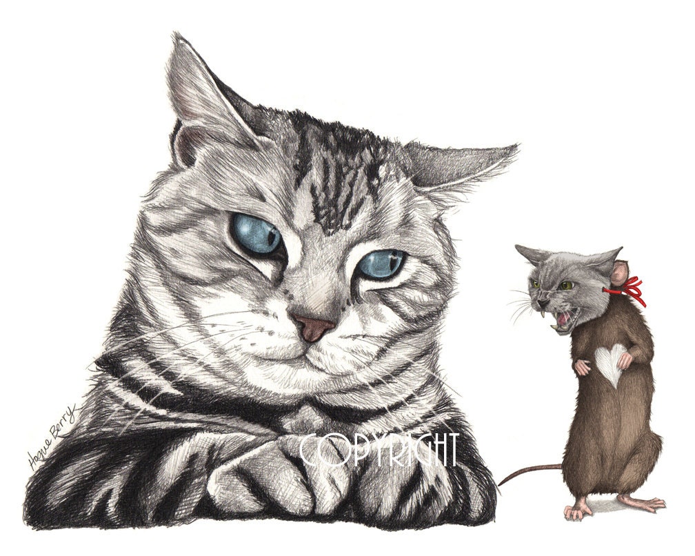 Cat and Mouse Pencil Drawing Colored Child's Room by TheBerryPress