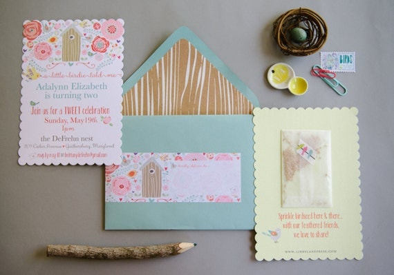 Whimsical Bird Invitation, scallop edge with tiny glassine envelope, Set of 25 - press printed only Il_570xn