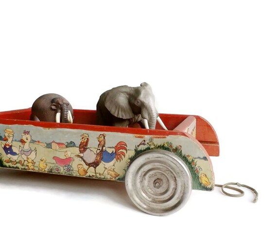 Vintage Pull Along Toy Jingle Wagon Wooden by DairyFarmAntiques