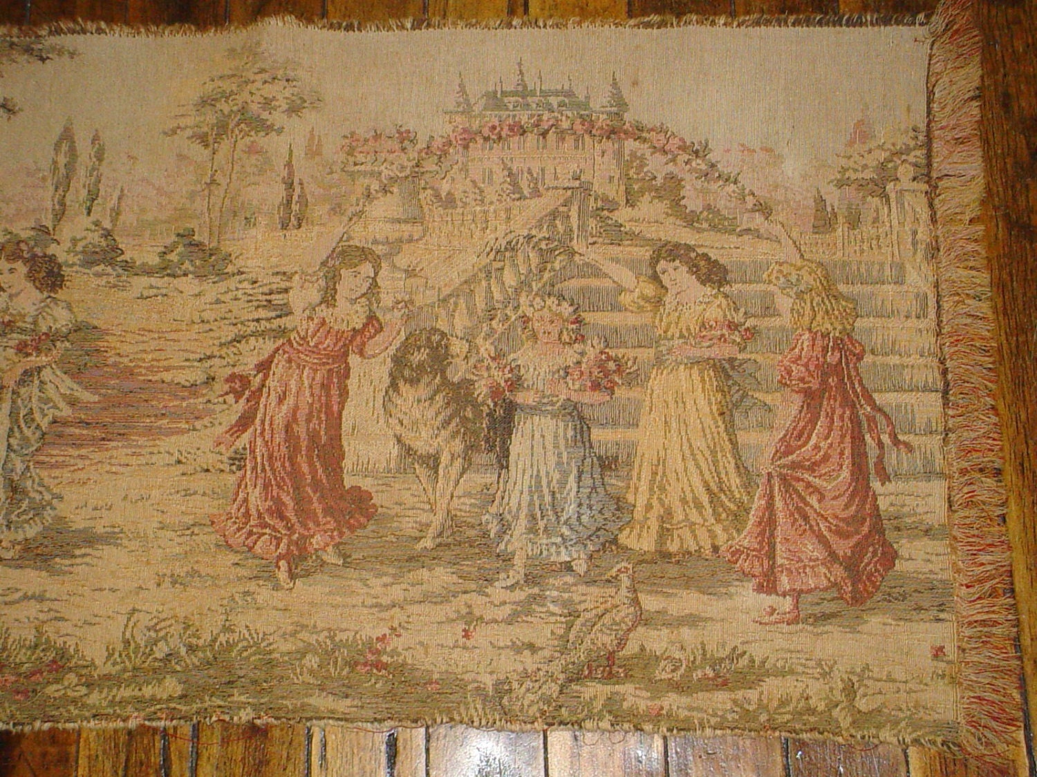 Items similar to Vintage Italian Tapestry Children Roses Dog Castle