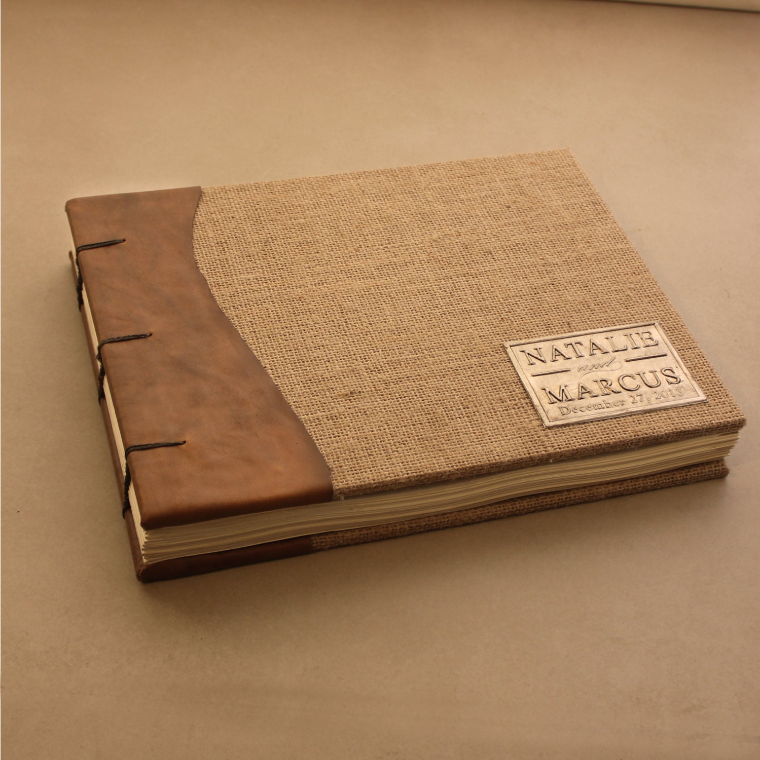 Rustic Wedding Guest Book - Leather and Burlap- Coptic Binding - Customizable