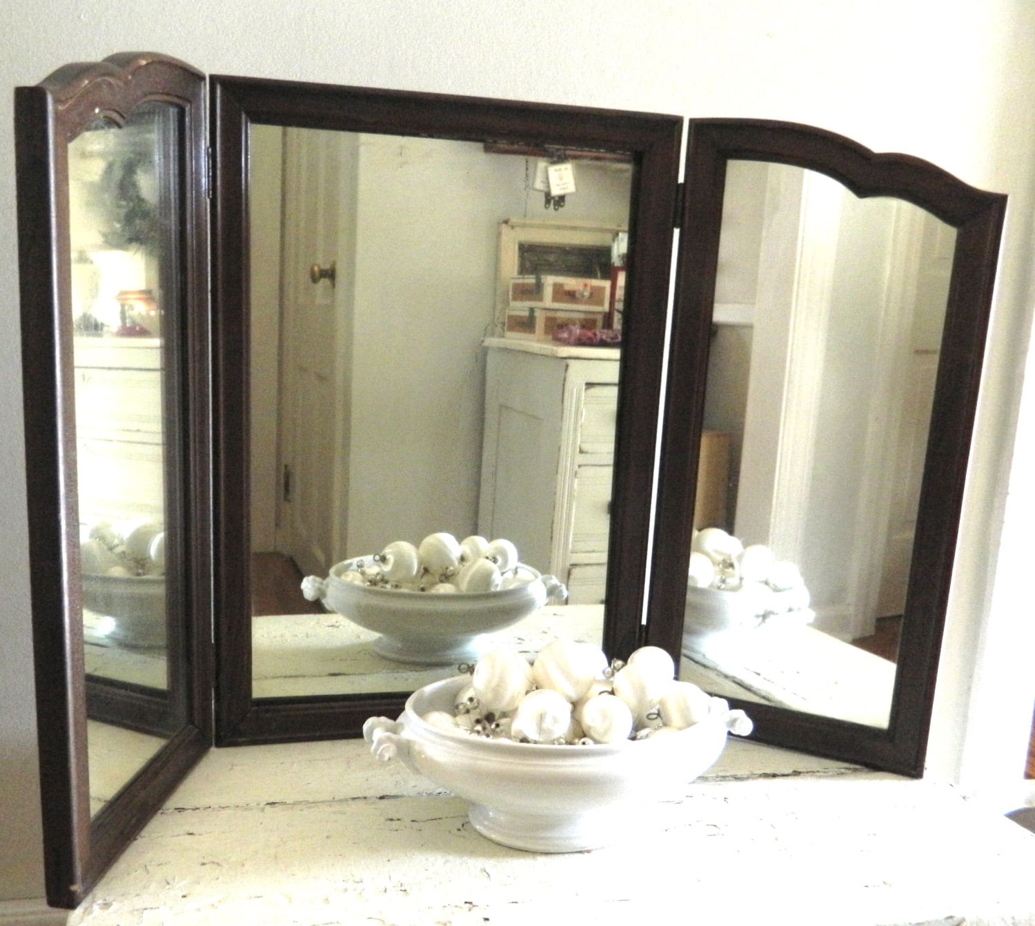 Vintage Tri Fold Mirror Wood Frame by alwaysmaybevintage on Etsy