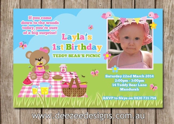 Photo Personalised Teddy Bear's Picnic Birthday Invitations - You Print Il_570xn