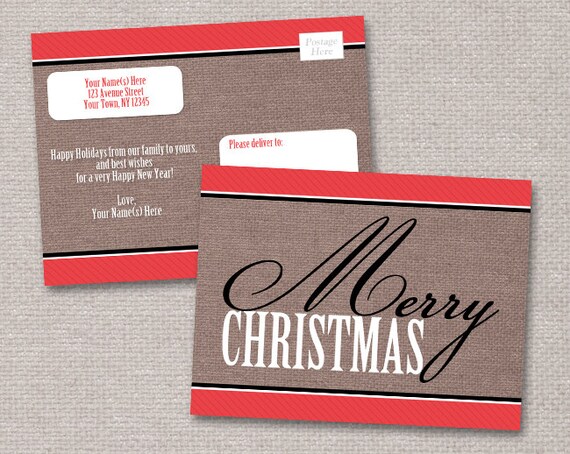 Rustic Merry Christmas Postcards - 6 to 250 PRINTED - Personalized Brown Canvas Red Pinstripe Il_570xn