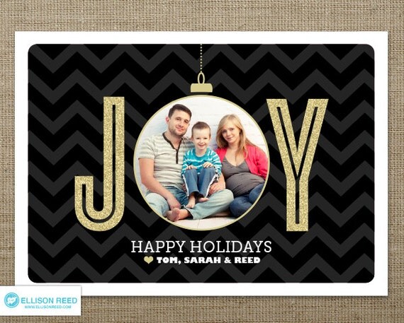 Christmas Photo Card - Chevron Glitter Christmas Photo Card - Holiday Photo Card - Faily Photo Card - Christmas Printable Card - JOY - Gold Il_570xn