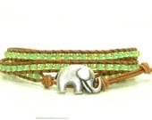 Peridot Green Beaded Leather Wrap Bracelet, Triple Wrap, Seed Beads, Elephant, Boho - jlktreasures