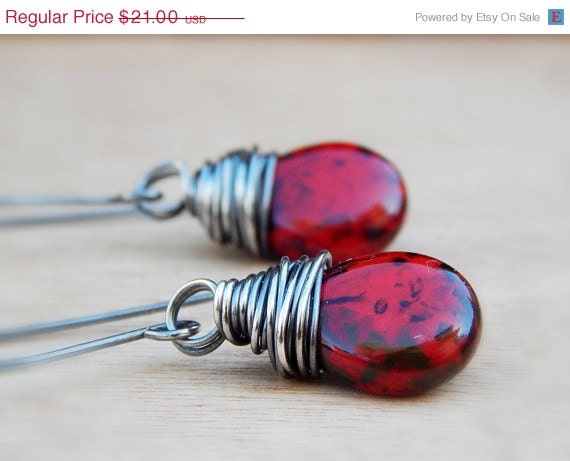 Valentines Day Sale Red earrings, Czech picasso glass dangle oxidized black wire wrapped glass teardrop briolettes - Gendrea Valentines Day Sale Red earrings, Czech picasso glass dangle oxidized black wire wrapped glass teardrop briolettes - Gendrea