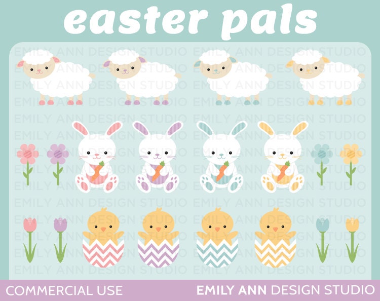 Easter Bunny Sheep Chick Flowers Animals Cute Clip Art - Commercial Use - Scrapbooking Invitations Cards - Instant Download Il_570xn