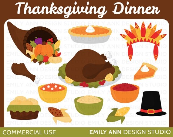 Thanksgiving Dinner Turkey Pumpkin Pie Cute Clip Art - Commercial Use - Scrapbooking Invitations Cards - Instant Download Il_570xn