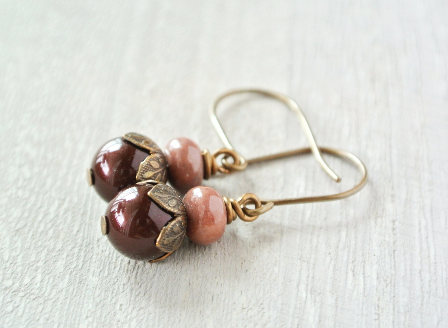 Brown Pearl Earrings with Rhodonite and Brass Ear Hooks. Pink and Brown Fall Jewlery - happylittlegems