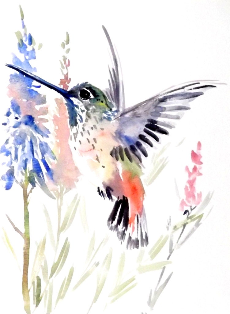 Hummingbird, Original watercolor painting, 9 X 12 in, green, red, bird painting, bird lover, tropical - ORIGINALONLY