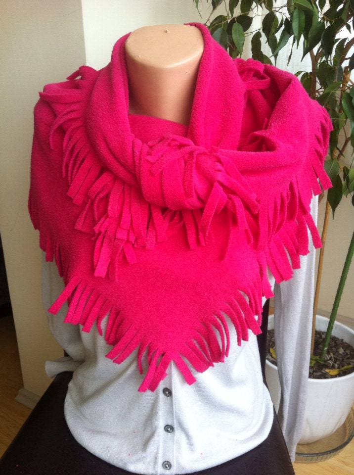 Solid hot Pink Winter Scarf, Pink Fleece Scarf,  Fuchsia Winter Fashion Scarf, Fleece fringe Scarf - BellaTurka