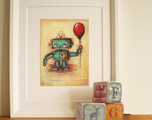 Robot's Red Ballon- painting with quote or personalized message: hand signed art print - JennyDaleDesigns