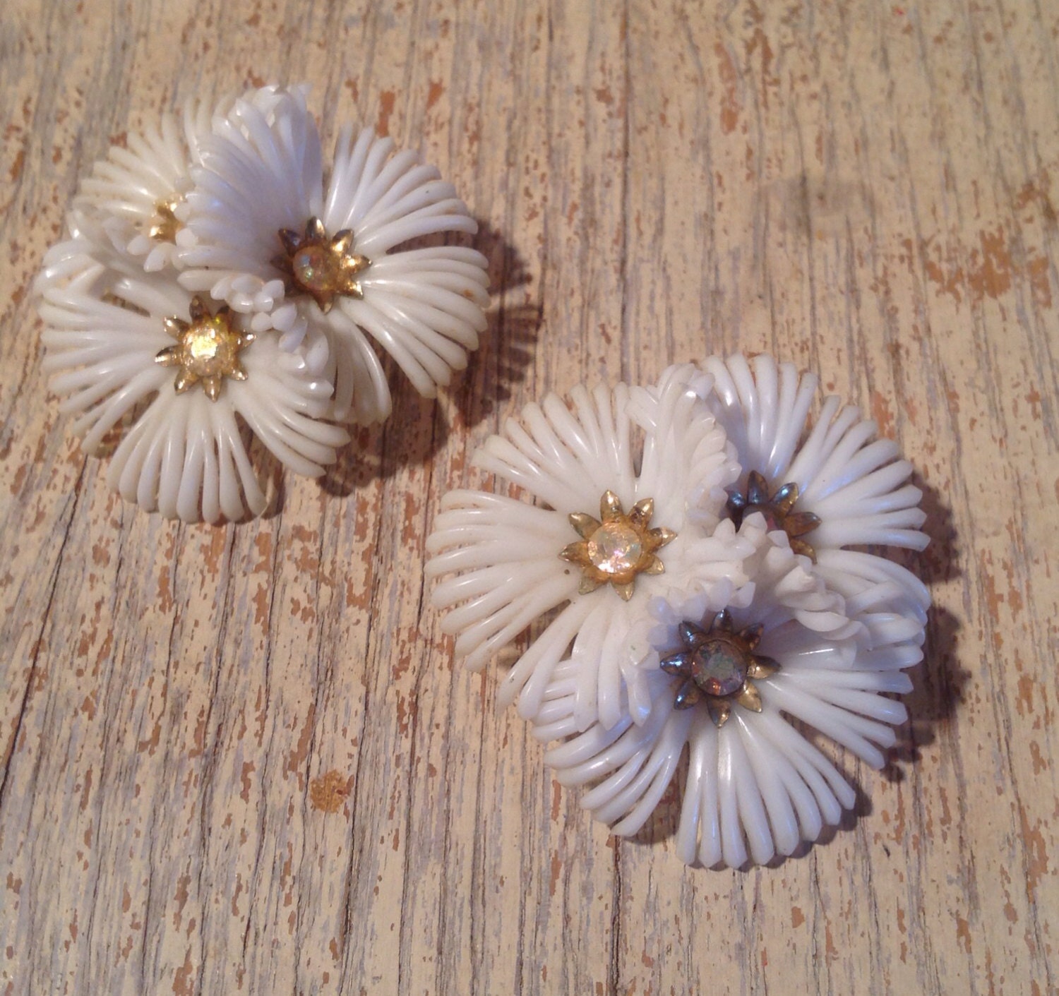 Vintage Coro Rhinestone White Flower Clip Earrings - Vintage Bridal - Mid Century Fashion - PackandAlleys